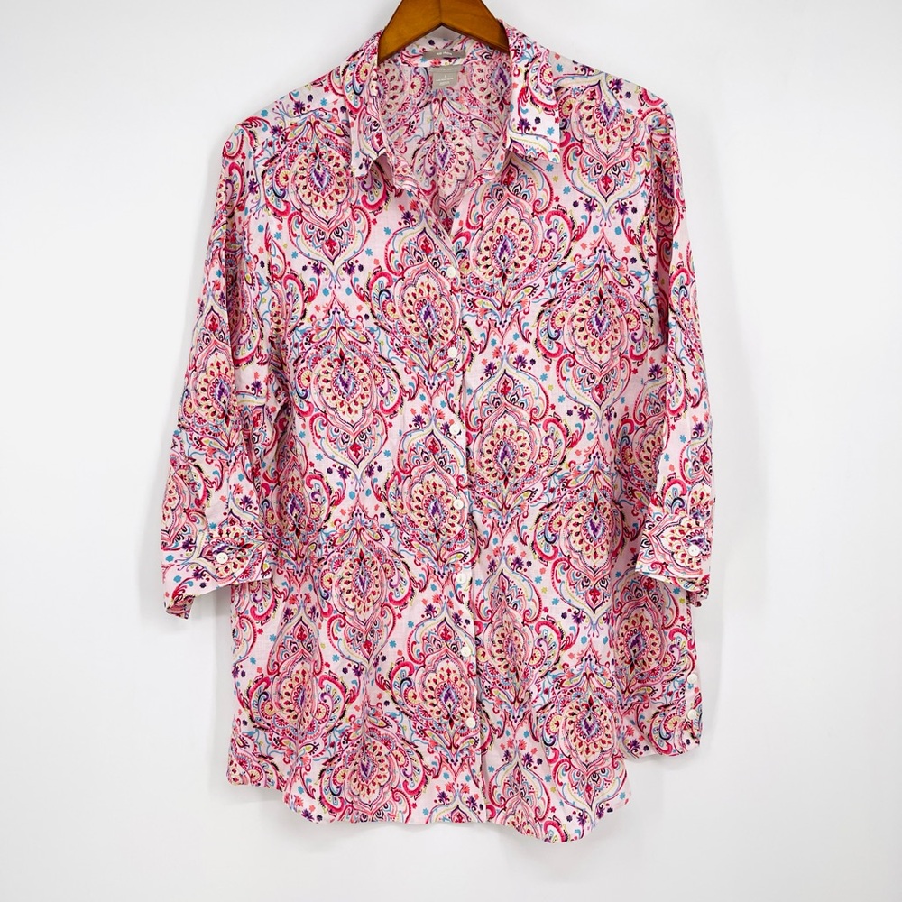 Chico’s Paisley Print No-Iron 100% Linen Tunic Top Button Shirt Size 3, XL, 1X
